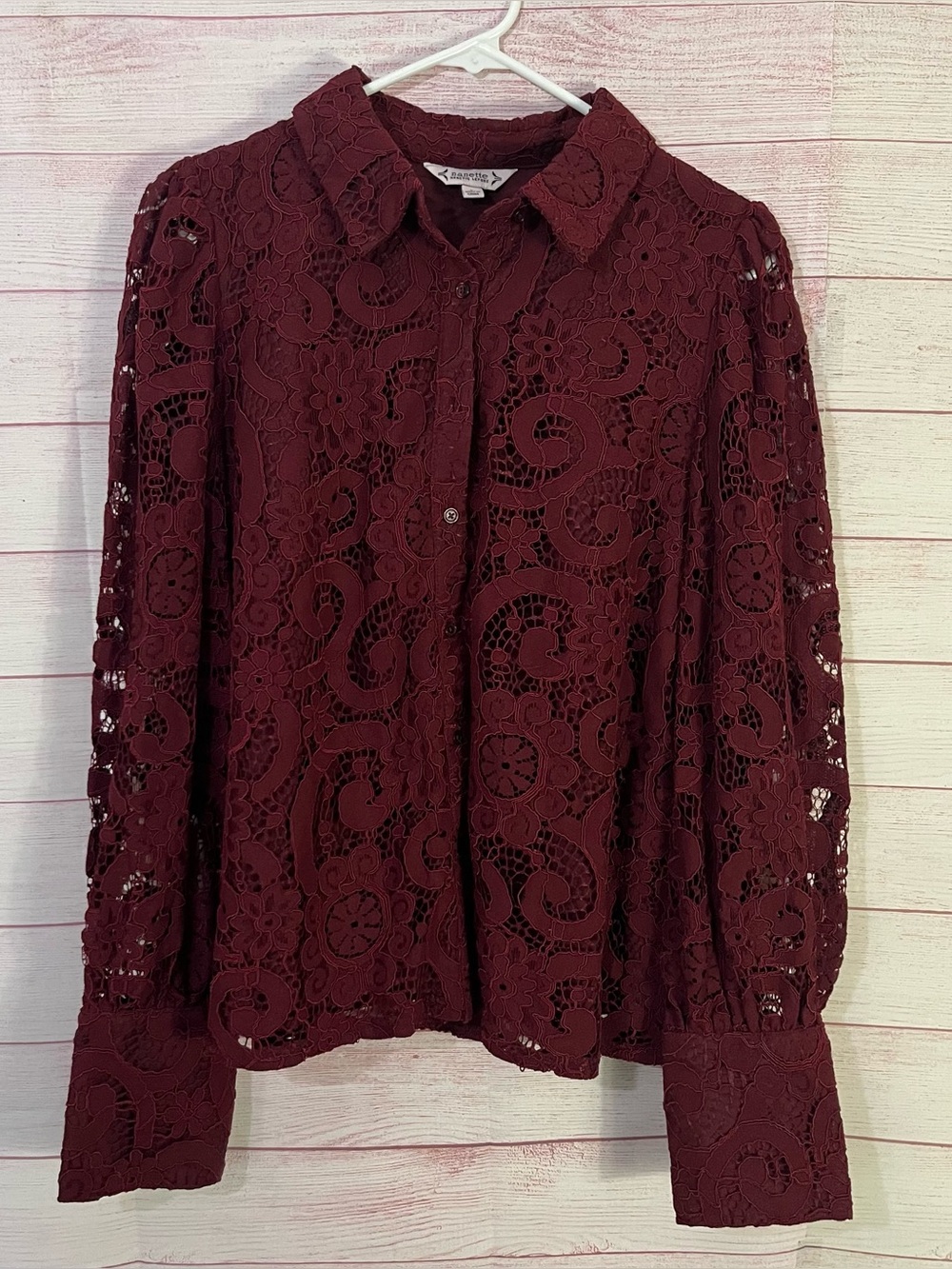 Nanette Lepore NEW Long Sleeve Burgundy‎ Lace Button Up Overlay Blouse Large